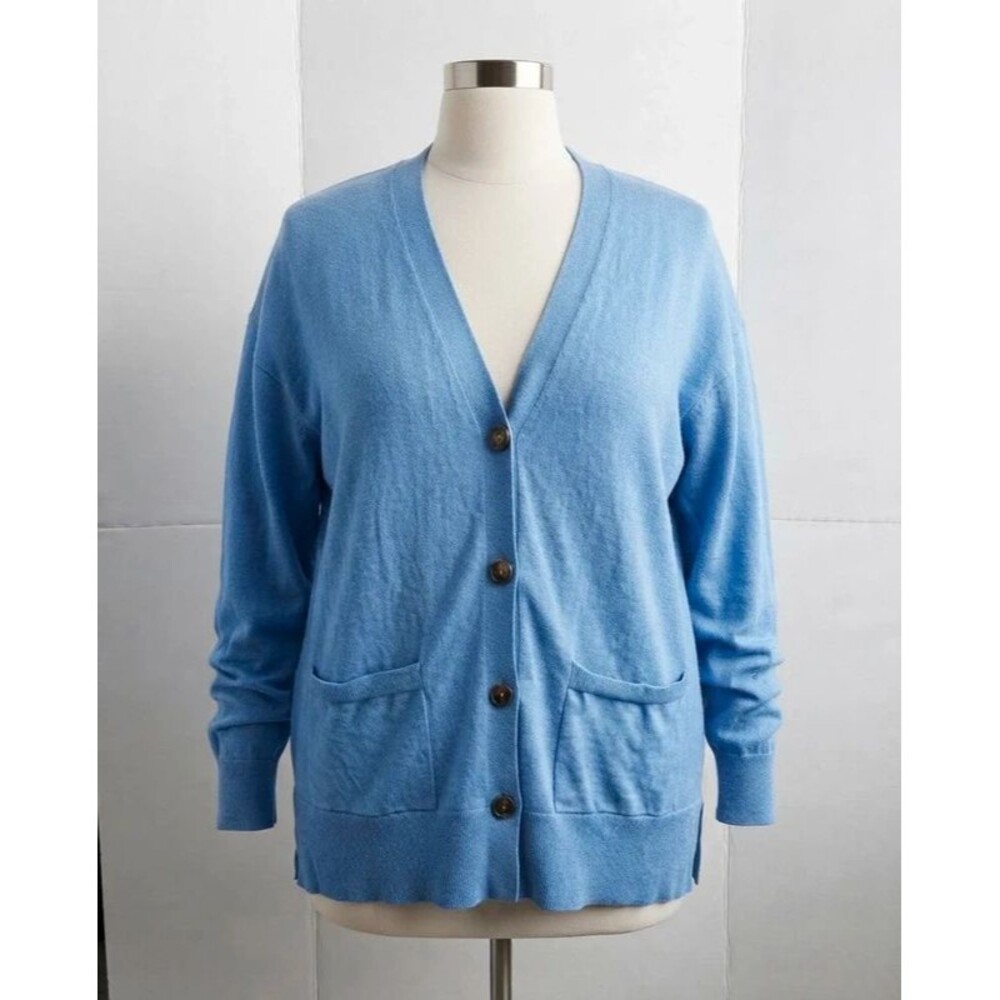 Loft Button Down Blue Linen blend long sleeve cardigan size L